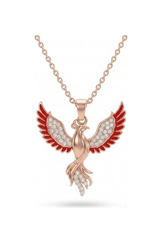 925 Ayar Gümüş Zümrüdüanka Kuşu Kolye - Rose Gold Kaplama Kırmızı Mineli Kadın Kolye Rzn10364 Gümüş