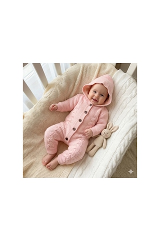 Babysena Kapüşonlu Örgü Kız Bebek Tulum Pembe