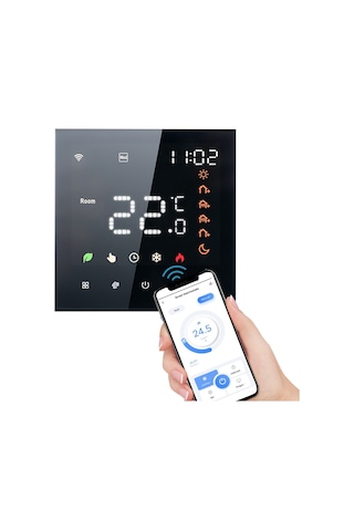 Ranyeek Siyah Akıllı 16a Wifi Termostat - Tuya App İle Programlanabilir, Ses Kontrollü Dokunmatik Ekranlı Klima Ve Zemin Isıtıcı Kontrol Cihazı