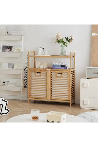 Kirli 2 Kat Organizer Raflı - 2 Bölmeli Önden Çek Aç Kalın Ahşap Bambu Kirli Çamaşır Sepeti 80x33x87cm Bx40 Çok Renkli