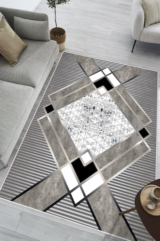 Geometrik Desenli Makinede Yıkanabilir Kaymaz Taban Oturma Odası Salon Halı Koridor Halı Gri - Çerçeve Gri