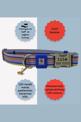 İsimli Köpek Tasması, Orta Ve Büyük Irk, Metal Kilitli Maviçzgmtl Mavi