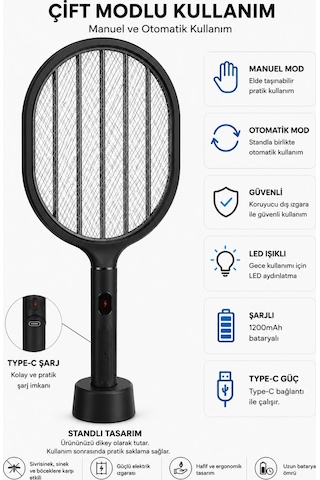Glr Ltd-718 Siyah Elektrikli Sinek Raketi 1200mah Bataryalı, Type-c Şarjlı, Dijital Ekranlı Sinek Ö