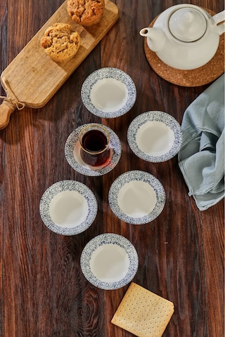 Cooker 6'lı Desenli Porselen Çay Tabağı Mavi