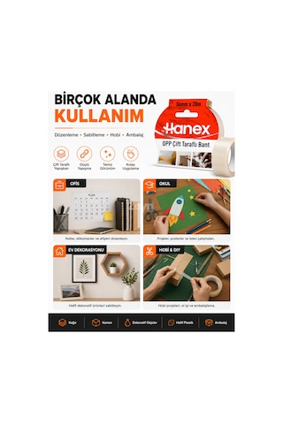 By Hanex Opp Çift Taraflı Bant 36 Mm X 20 M Güçlü Yapışkanlı Şeffaf Montaj Ve Sabitleme Bandı