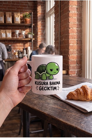 Kusura Bakma Geciktim Yazılı Kaplumbağa Baskılı Komik Hediye Kupa Bardak Beyaz