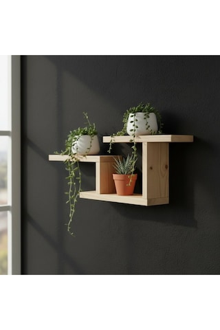 Modern Dekoratif Ahşap Duvar Rafı - 48x29 Cm - Çift Taraflı Bantlı Montaj - Saksılık & Kitaplık Bej