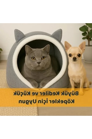 Beylini Kedi Köpek Evi Katlanabilir Evcil Hayvan Yatağı Peluş Yastık Hediyeli Dekoratif Kedi Köpek Yaşam Alanı Gri, L