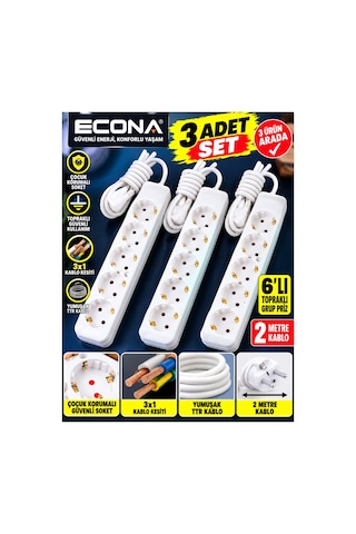 3 Adet--6'lı Topraklı Grup Priz 2 Metre Kablolu - Çoklu Uzatmalı Priz Seti 3x1 Mm² Yumuşak Ttr Kablo Beyaz Uzatma Kablosu,çoklu Priz 0
