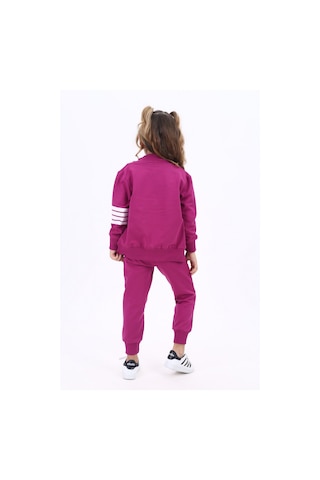 Toontoy Kids Kız Çocuk 2'li Takım Nakış Baskılı Dik Yaka Fermuarlı Sweatshirt & Beli Paçası Lastikli Ribanalı Jogger Eşofman Altı - Bant Detaylı & 2 İplik Mürdüm