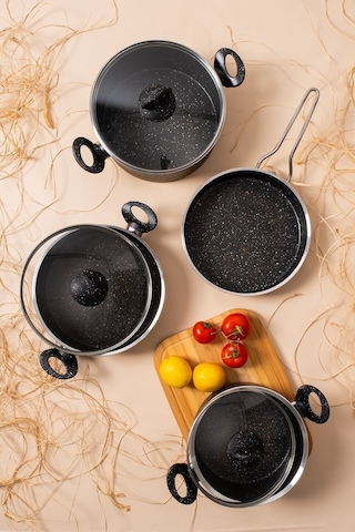 Çarşıdayız 7 Parça Eda Granit Siyah Siyah Tencere Seti Siyah