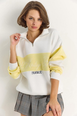 Shade Kadın Yarım Fermuarlı Nakış Detaylı Renk Bloklu Oversize Sweatshirt 10001 60283561 - Beyaz-sarı Çok Renkli