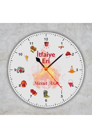 İtfaiye Temalı Ve İsimli Ofis Duvar Saati - İtfaiyeciye Özel Hediye Metal Saat Beyaz