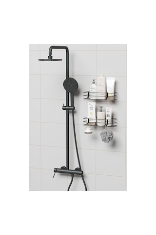 Yapışkanlı 2'li Set, Duvar Düzenleyici Banyo Rafı Ve Şampuanlık Açık Kahverengi