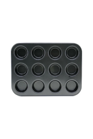 12 Gözlü Metal Muffin Kek Kalıbı - Siyah Düz 26 Cm