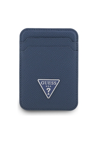Guess Lisanslı Deri Magnetik Kartlık 2 Hazneli Üçgen Logolu Mavi
