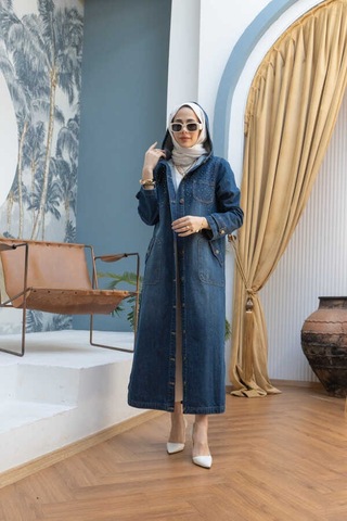 6329-taşlı Denim Kapşonlu Kap Koyu Mavi Koyu Mavi