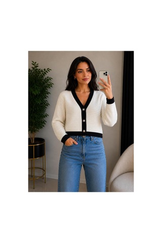 Hira Life Fashion Kadın V Yaka Düğmeli Şeritli Kısa Crop Ceket-hırka Bej Bej