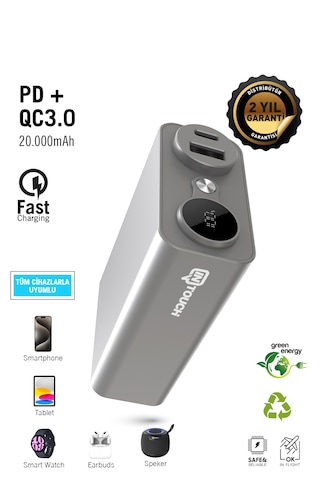 20.000mah Carbon Pd Qc 3.0 Powerbank, Taşınabilir Şarj Cihazı Gümüş