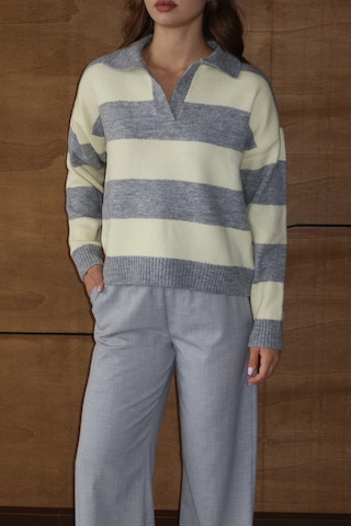 Park Karon Kadın Gri Oversize Çizgili Polo Yaka Triko Kazak Gri