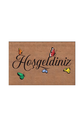 Kapı Önü Paspası Kaymaz Ağır Tabanlı Kelebek Desen Hoş Geldiniz Dekoratif , Kolay Temizlenir 45x70 Cm Kod T4 Kahverengi