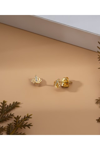 Roza Silver 925 Ayar Gold Zirkon Taşlı Minimal Taç Çivili Gümüş Küpe Re10218