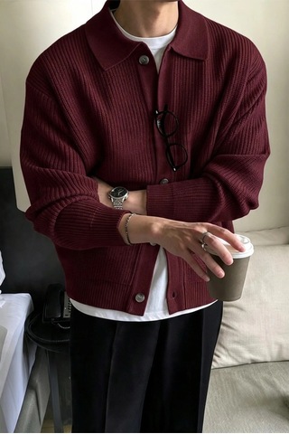 Serablanka Erkek Polo Yaka Oversize Triko Hırka Bordo