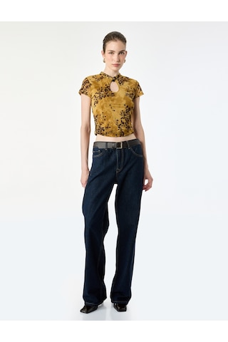 Koton Slim Fit Kısa Kollu Düğmeli Dik Mandarin Yaka Çiçekli Qipao Tül Bluz Yeşil Desenli 7wak10005pk