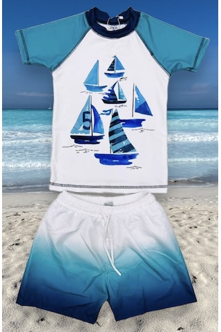 Lolliboomkids Erkek Çocuk Yelken Denizci Baskılı Mavi - Sarı Beyaz T-shirt Şort Mayo Seti Üst Dalgıç Alt Paraşüt Mavi Desenli