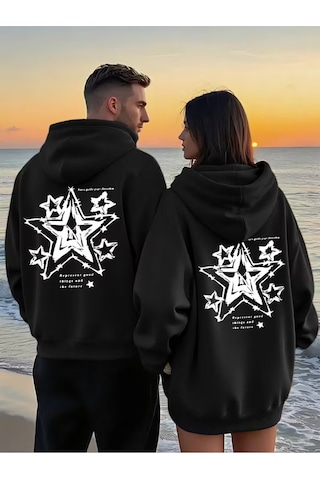 Nevermınd Yıldız Desenli Baskılı Hoodie - Trend Sevgili Kombini Oversize 3 İplik Sweatshirt 2'li Set Siyah Siyah