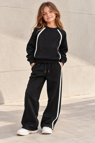 Luess Kız Çocuk Siyah Beyaz Şerit Detaylı Reglan Kol Sweatshirt Geniş Paça Eşofman Takımı