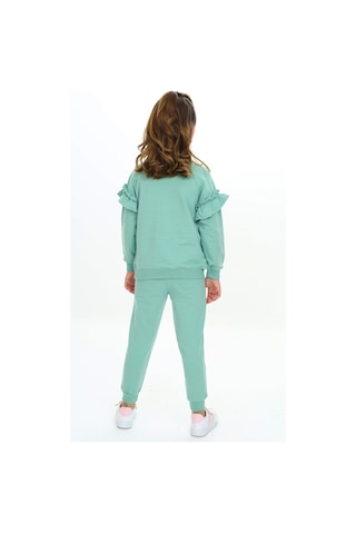 Toontoy Kids Kız Çocuk 2'li Takım Baskılı Bisiklet Yaka Reglan Kol Fırfırlı Sweatshirt & Beli Paçası Lastikli Cepli Jogger Eşofman Altı - 2 İplik Yeşil