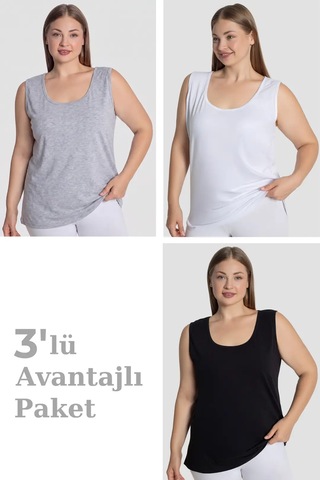 Terrien Premium Günlük Stil Temel Giysi Yazlık Giyim Kadın Pamuklu Büyük Beden Kalın Askılı Atlet 3'lü Paket Beyaz Siyah Gri