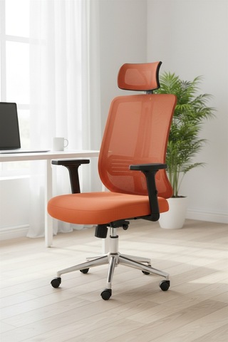 Upstyle Poyraz Başlıklı Fileli Ergonomik Çalışma Koltuğu Turuncu Krom Koltuk 66 125 65 Cm