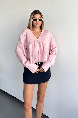 Jee Lee Kadın V Yaka Bağlama Detaylı %100 Pamuklu Bluz Pembe - 26y 1003 Pembe