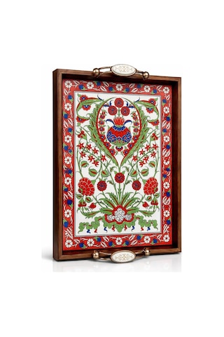 Geleneksel Kütahya Çini Desenli Ahşap Servis Tepsisi Çiçekli, El Yapımı Seramik Yüzey, 42x27 Cm, Dekoratif Sunum