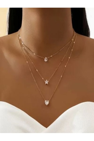 Altın Rengi 3 Sıralı Taşlı Kombin Kolye-14k Altın Kaplama Altın