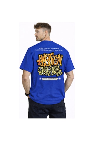 Herkesemoda Ön Ve Arka Yazı Detaylı Basic T-shirt Mavi