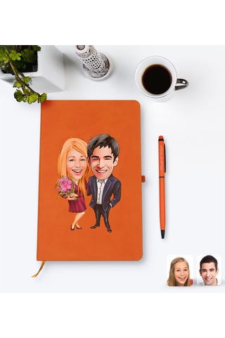 Kişiye Özel Sevgililer Karikatürlü Turuncu Termo Deri Defter Kale N11.2262