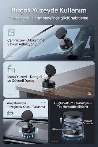 Ultra Güçlü Vakumlu MagSafe uyumlu Manyetik 180° Dönen Taşınabilir Çok Amaçlı Siyah Araç Telefon Tutucu
