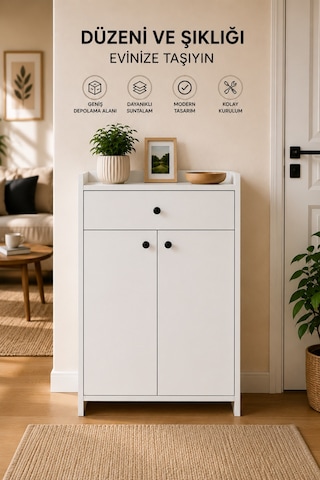 Elegans Çok Amaçlı Ayakkabılık Dolabı Çekmeceli 3 Raflı Beyaz 90x60x35 Cm Beyaz Beyaz