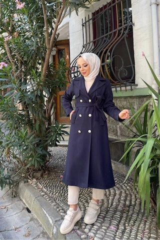 Kadın Kruvaze Polar Kaşe Kaban / M0108 - Lacivert Lacivert
