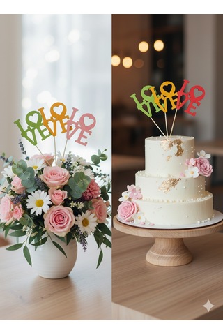 Kırmızı Ahşap Love Yazılı Pasta Ve Çiçek Süsü - Düğün, Yıldönümü Ve Doğum Günü Dekoratif Süs, 5'li Paket