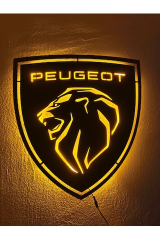 Motto Dekor Metal Amber Led Işıklı Peugeot Armalı Pejo Armalı Duvar Dekoru Duvar Aydınlatması Siyah