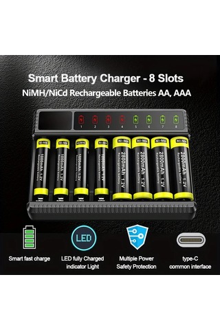 Xuweiwei Lcd Ekranlı 8 Yuvalı Aa Aaa Pil Şarj Cihazı Akıllı Aşırı Şarj Koruması Type C Hızlı Şarj Piller Dahil Değil