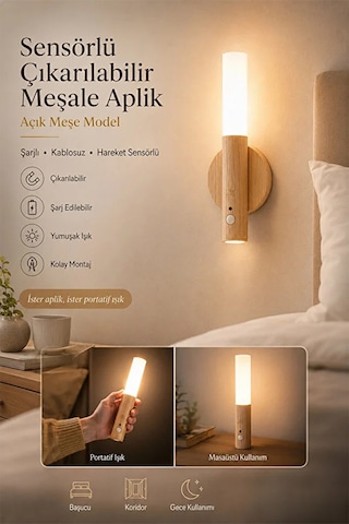 Sensörlü Şarjlı Meşale Aplik Kablosuz Led Duvar Lambası Çıkarılabilir Dekoratif Gece Işığı Wb-3022 Bej