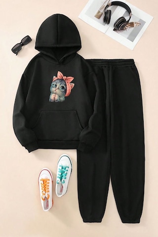 Fyk Kids Kedi Baskılı Kız Çocuk Eşofman Takımı Siyah