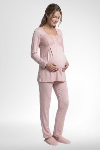 Mecit Pijama Mecit 6402 Elegant Pudra Pembe Dantel Pelerinli Lohusa Pijama Takımı