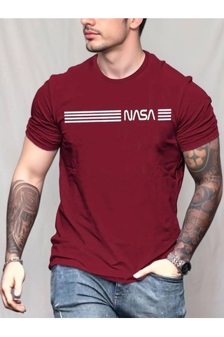 Valensdesign Erkek Kısa Kollu Nasa Baskı Basic Erkek T-shirt Bordo