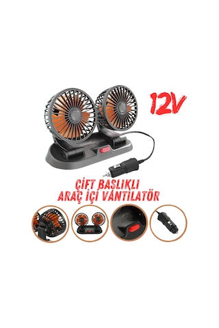 Araç İçi Vantilatör 360 Dönebilen Torpido Üstü Çift Başlıklı Vantilatör 12v Uyumlu Çakmaklık Girişli Soğutucu Fan